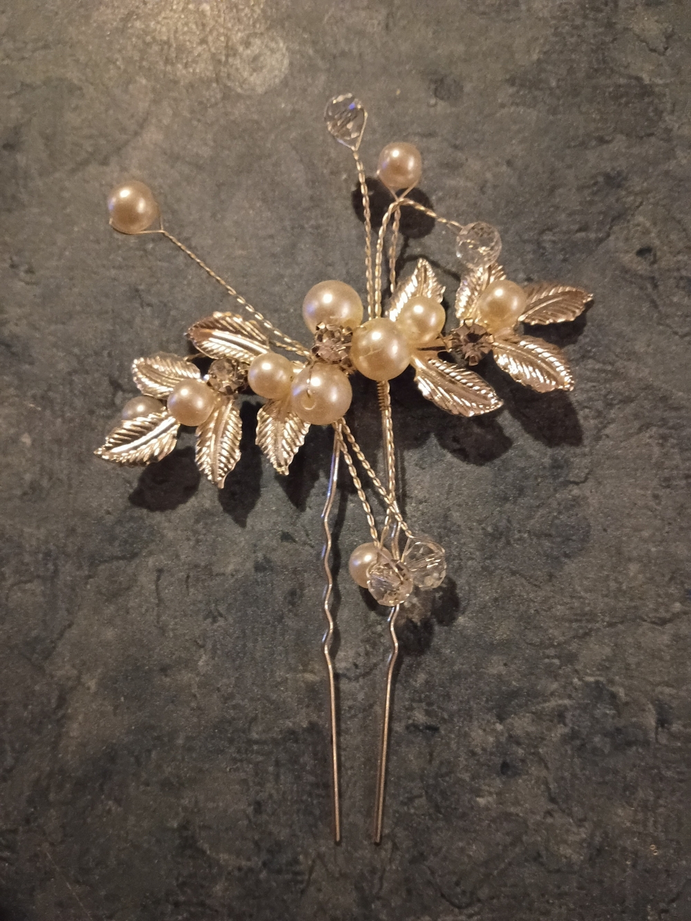 Source Unknown Gold Tone Pearl and Crystal Hair Fork And Pins Set